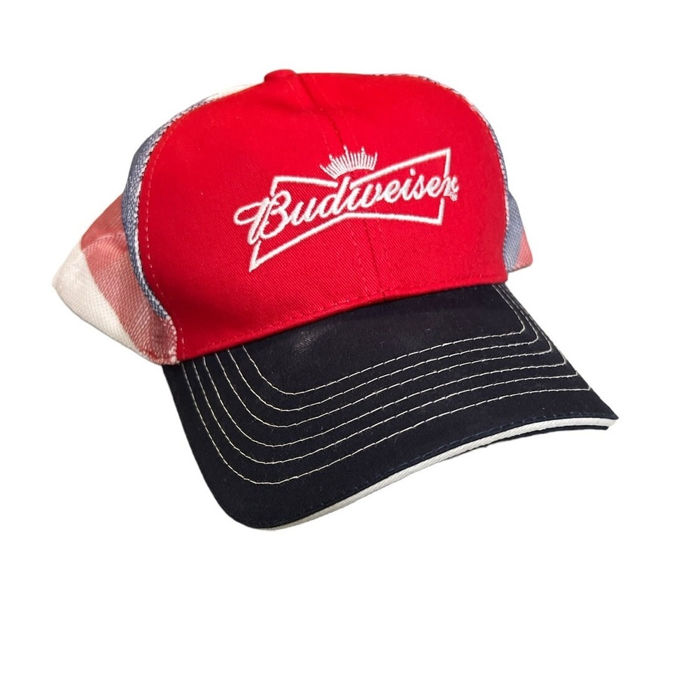 Budweiser Trucker Hat American Flag Mesh Snapback Red White Blue Beer Logo Cap